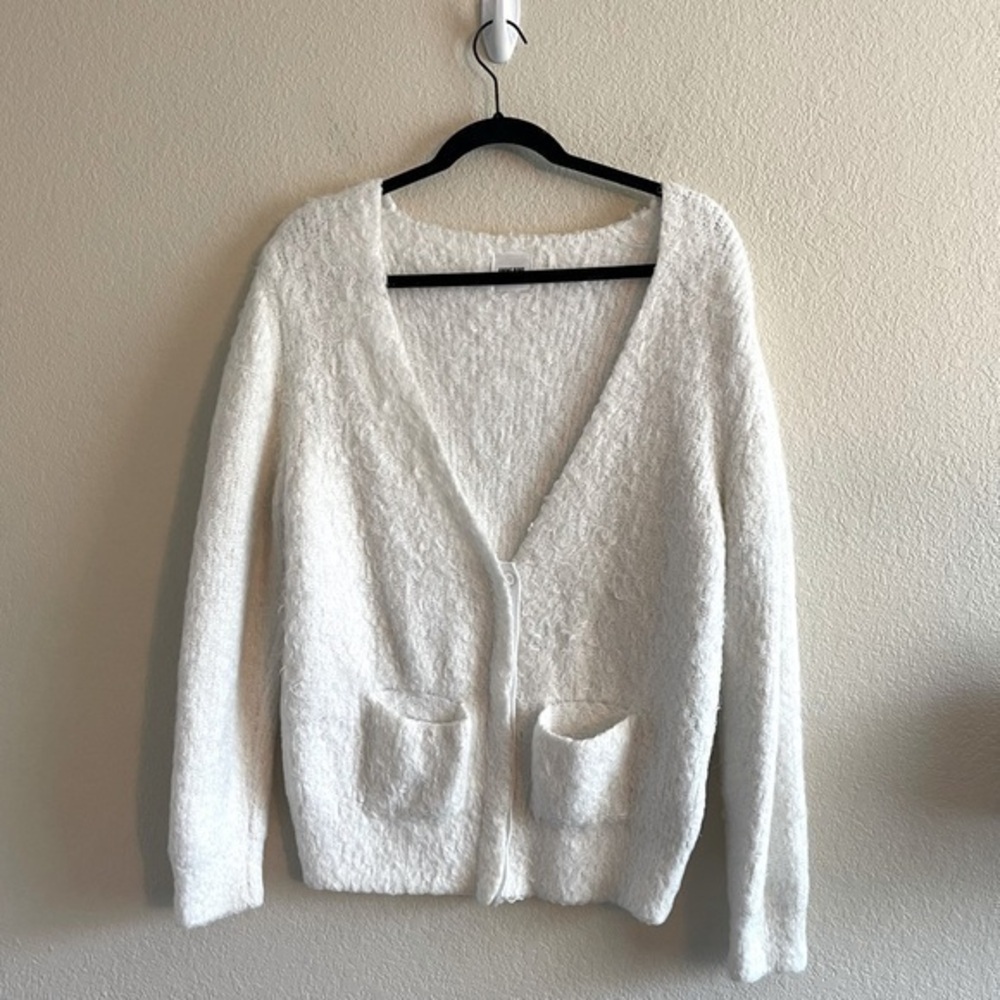 Anine Bing White Fuzzy Eyelash Button Closure Knit Cardigan Womens Size Medium